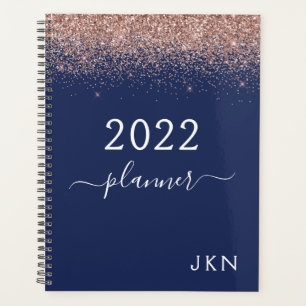 2022 Rose Gold Pink Navy Blue Glitzer Monogram Planer