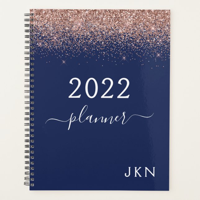 2022 Rose Gold Pink Navy Blue Glitzer Monogram Planer (Vorderseite)