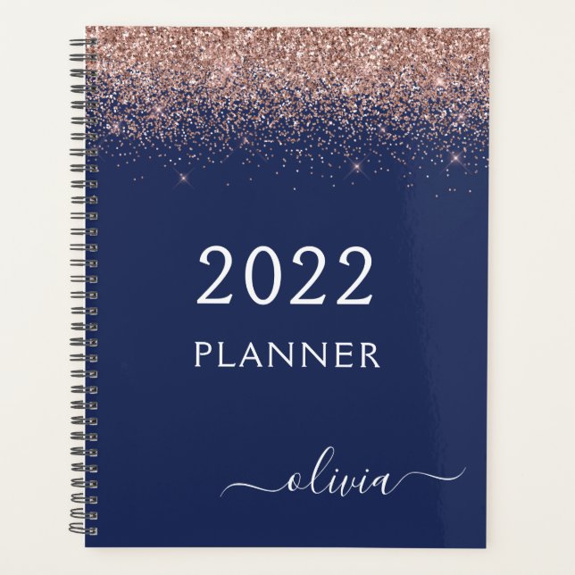2022 Rose Gold Pink Navy Blue Glitzer Monogram Planer (Vorderseite)