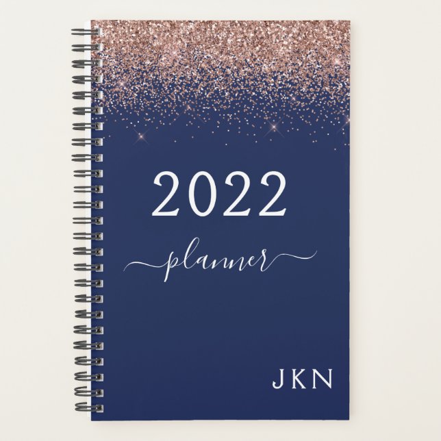 2022 Rose Gold Pink Navy Blue Glitzer Monogram Planer (Vorderseite)