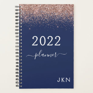 2022 Roségold Rosa Navy Blau Glitter Monogramm Planer