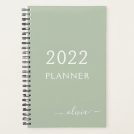 2022 Sage Green Girly Script Monogram Name Planner Planer
