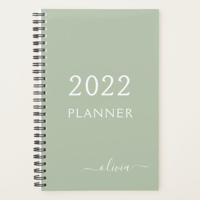 2022 Salbeigrüner Mädchenname mit Schriftzug Plane Planer (Vorderseite)
