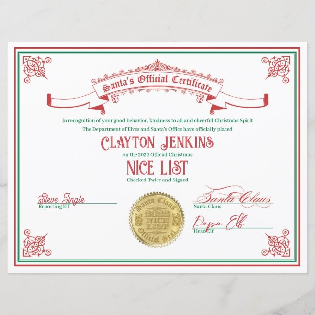 2022 Santa Nice List Certificate (Vorderseite)