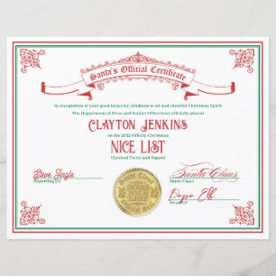 2022 Santa Nice List Certificate