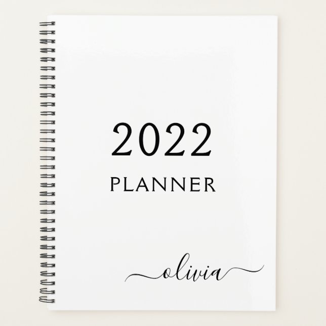2022 Schwarz-weißer Name der Girly Script Monogram Planer (Vorderseite)