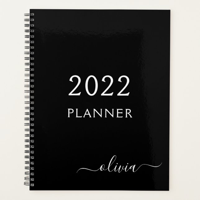 2022 Schwarz-weißer Name der Girly Script Monogram Planer (Vorderseite)