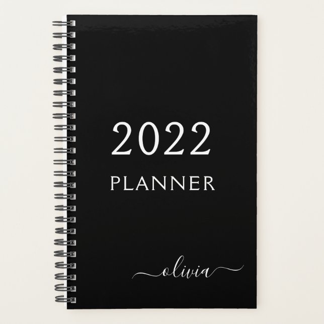 2022 Schwarz-weißer Name der Girly Script Monogram Planer (Vorderseite)