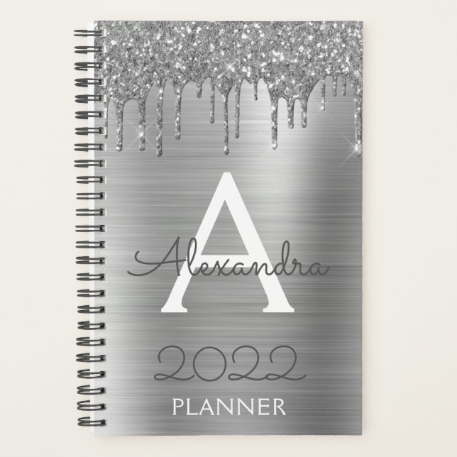 2022 Silber Glitter Glam Monogramm modern Planer (Vorderseite)