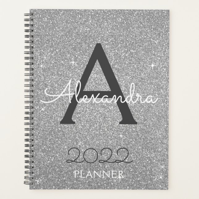 2022 Silber Glitter Glanz Monogramm Planer (Vorderseite)