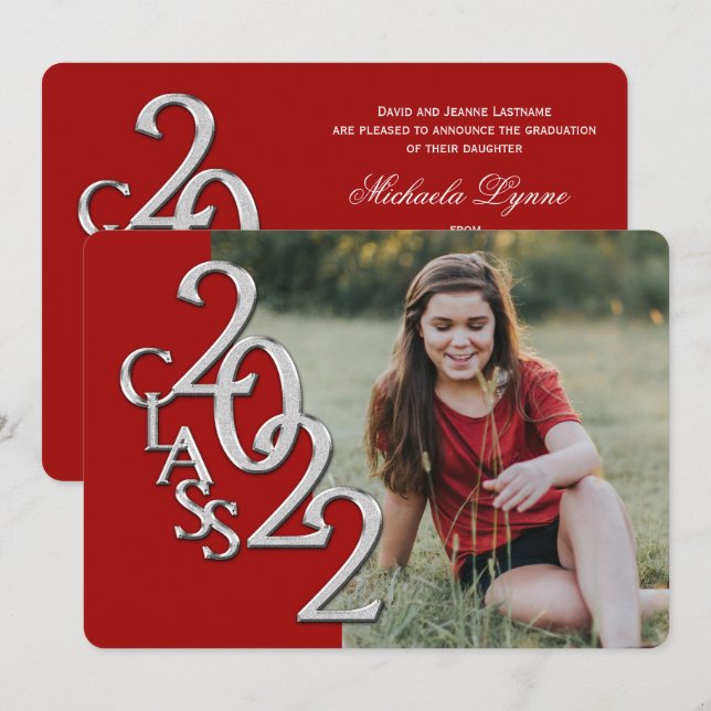 2022 Silber und Roter Abschluss mit Foto Einladung (Vorne/Hinten)