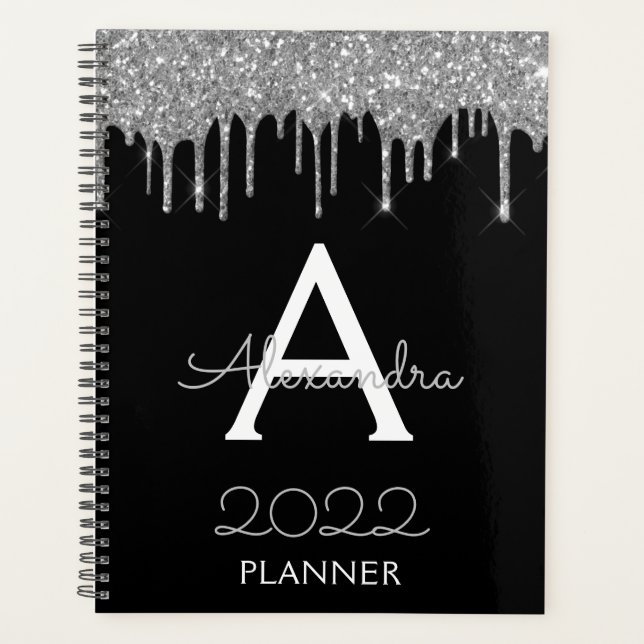 2022 Silberner schwarzer Glitter Monogramm Modern Planer (Vorderseite)