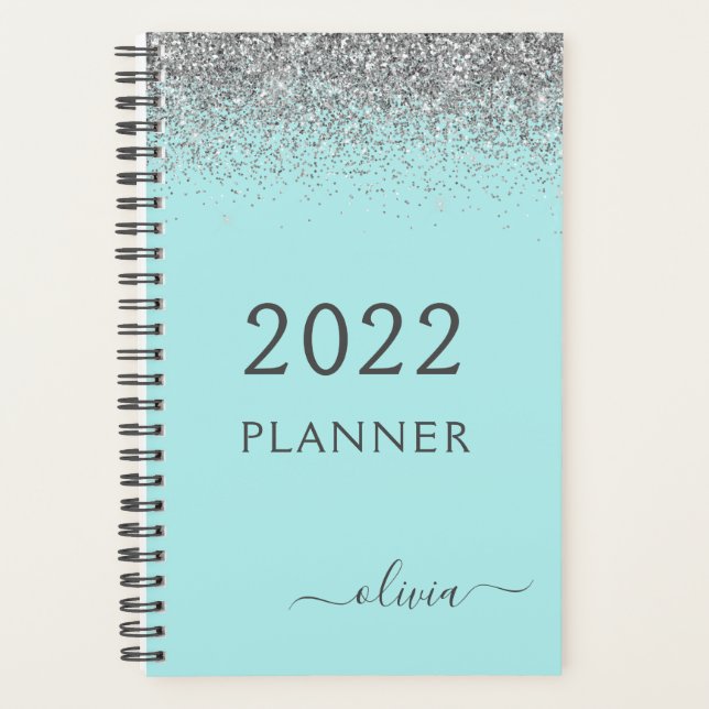 2022 Silver Aqua Blue Aquamarin Glitzer Monogram Planer (Vorderseite)