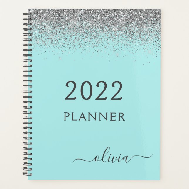 2022 Silver Aqua Blue Aquamarin Glitzer Monogram Planer (Vorderseite)