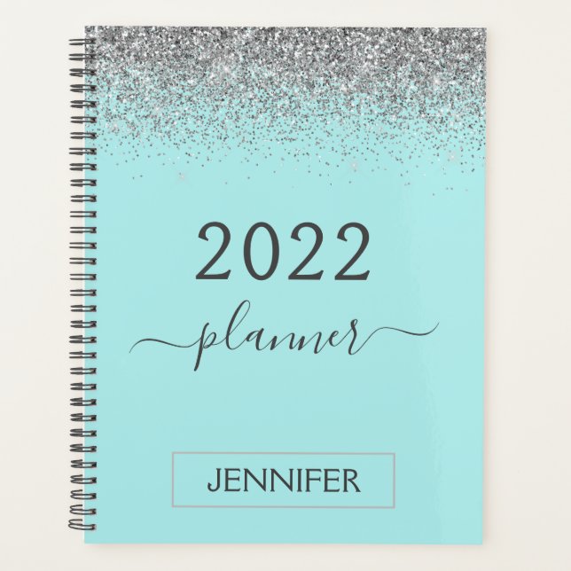 2022 Silver Aquamarin Aqua Blue Glitzer Monogram G Planer (Vorderseite)