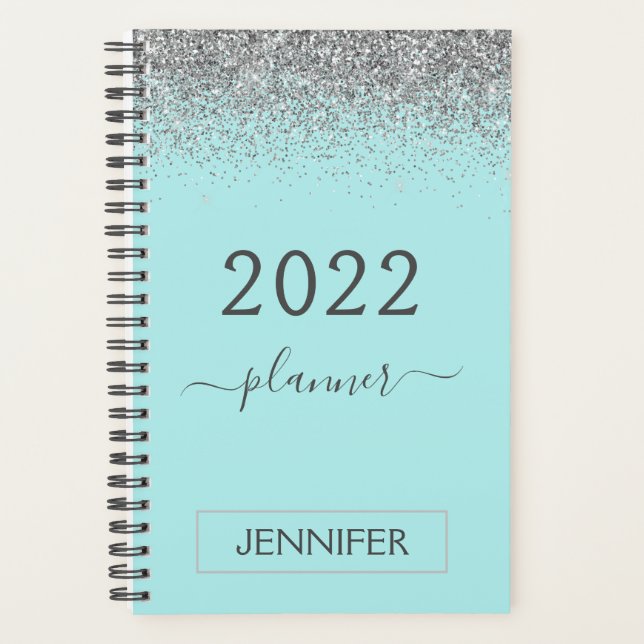 2022 Silver Aquamarin Aqua Blue Glitzer Monogram G Planer (Vorderseite)