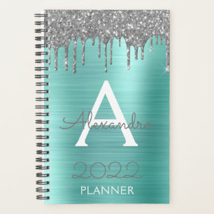 2022 Silver Aquamarin Aqua Blue Glitzer Monogram Planer