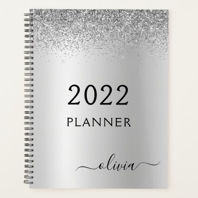 2022 Silver Black Glitzer Girly Monogram Planer (Vorderseite)