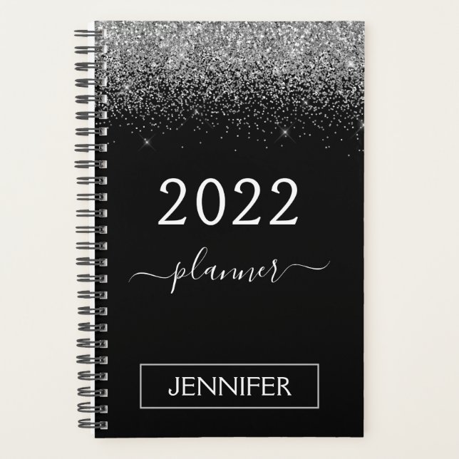 2022 Silver Black Glitzer Monogram Girly Planer (Vorderseite)