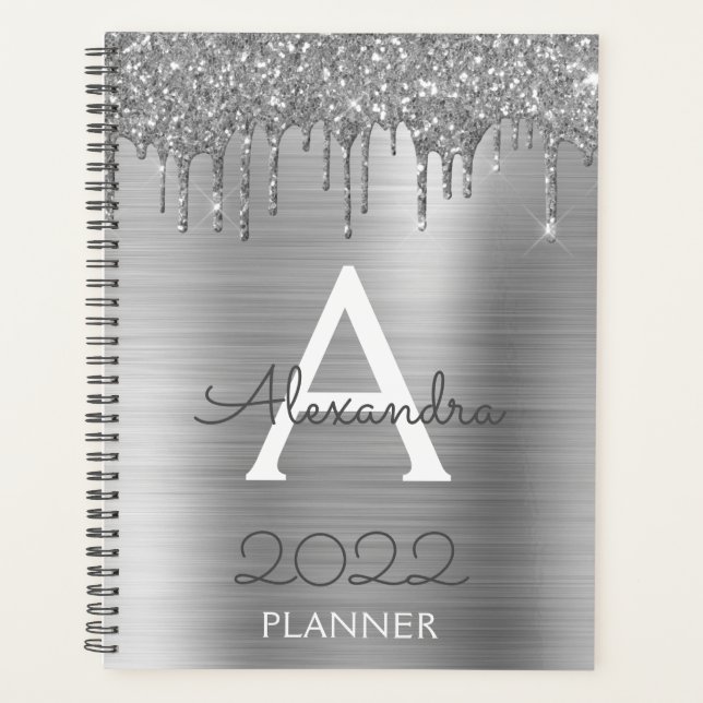 2022 Silver Glitzer Glam Monogram Modern Planer (Vorderseite)