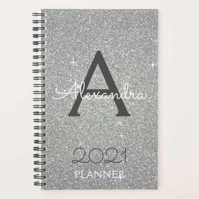 2022 Silver Glitzer Sparkle Monogram Planer (Vorderseite)