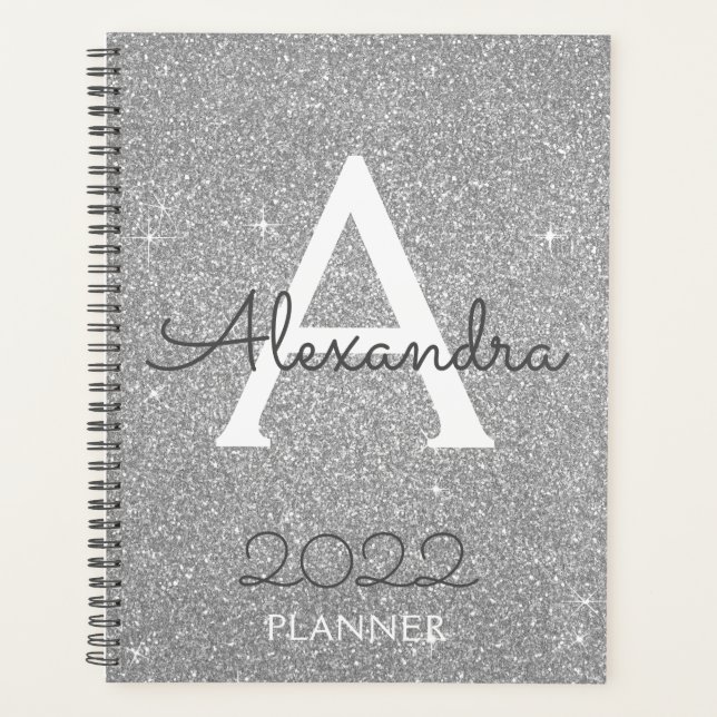 2022 Silver Glitzer Sparkle Monogram Planer (Vorderseite)