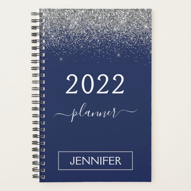 2022 Silver Navy Blue Glitzer Monogram Girly Planer (Vorderseite)