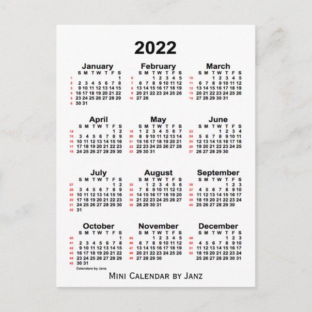 2022 White 52 Week Calendar by Janz Postcard Postkarte (Vorderseite)