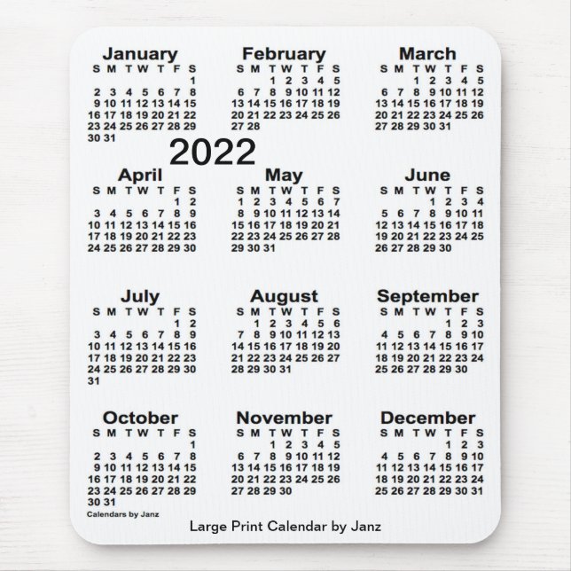 2022 White Large Print Calendar von Janz Mousepad (Vorne)