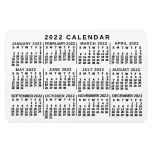 2022 Year Monthly Calendar Classic White and Black Magnet