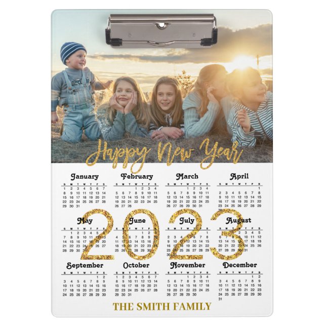 2023-2026 Kalender Gold Glitzer Script Foto Klemmbrett (Vorderseite)