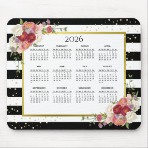 2023 Black White Striped Floral Gold Calendar Mousepad