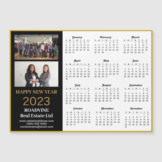 2023 Business 2 Foto Gold Script Calendar Magnet (Vorderseite)