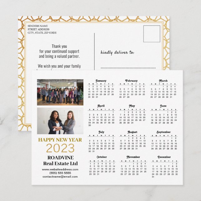 2023 Business Foto Moderner Goldskriptkalender Postkarte (Vorne/Hinten)