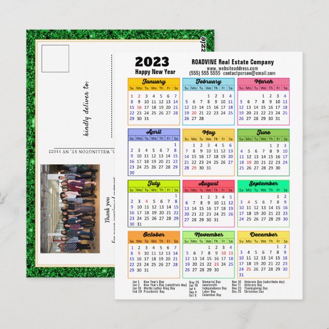 2023 Calendar Black Green Glitzer Corporate Foto Postkarte (Vorne/Hinten)