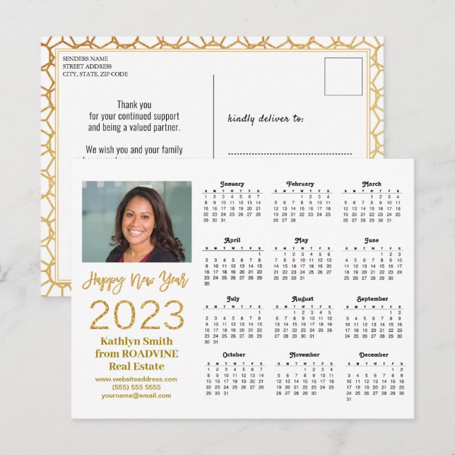 2023 Calendar Business Modernes Gold Script Foto Postkarte (Vorne/Hinten)