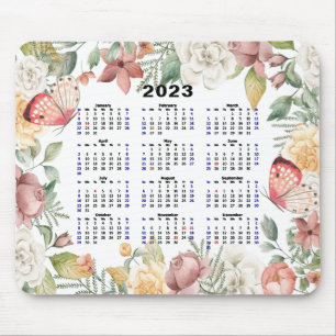 2023 Calendar Custom Floral Rose Pink Butterfly  Mousepad