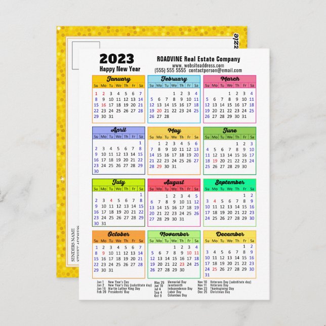 2023 Calendar Gold Glitzer Modernes Drehbuch Corpo Postkarte (Vorne/Hinten)