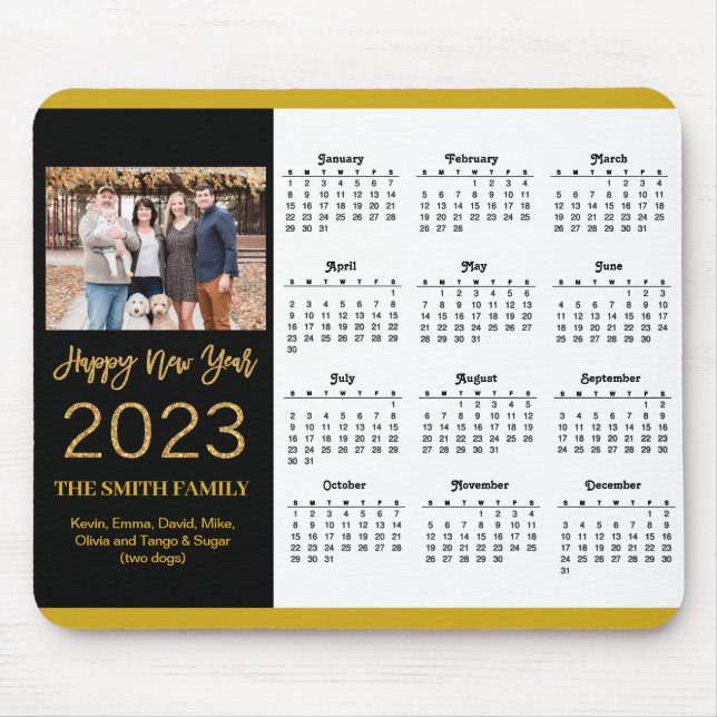 2023 Calendar Gold Script Einfaches Family Foto Mousepad (Vorne)