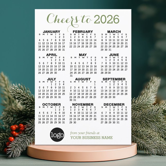 2023 Calendar Green White Business - Holiday Card Einladung (2026 Calendar on a Holiday Business Card)