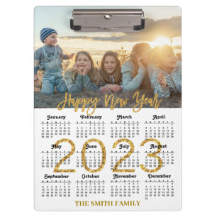 2023 Calendar Modernes Gold Glitzer Script Foto Klemmbrett