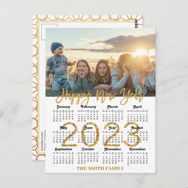 2023 Calendar Modernes Gold Glitzer Script Foto Postkarte (Vorne/Hinten)