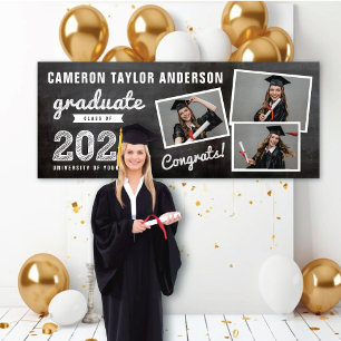 2023 Chalkboard Sketch 3 Photo Collage Grad Party Banner
