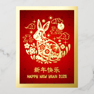 2023 Chinesisches Neujahr Rabbit Modernes Red Real Folien Feiertagspostkarte