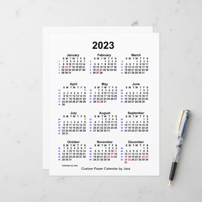 2023 Custom Holiday 52 Week Calendar von Janz (Vorderseite/Rückseite Beispiel)