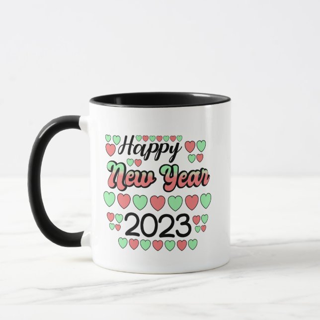 2023 Frohes neues Jahr Frische Texte und Herzen Tasse (Links)