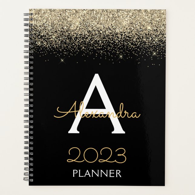 2023 Gold Black Glitzer Monogram Modern Luxury Planer (Vorderseite)