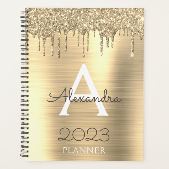 2023 Gold Glitzer Sparkle Modernes Monogramm Planer (Vorderseite)
