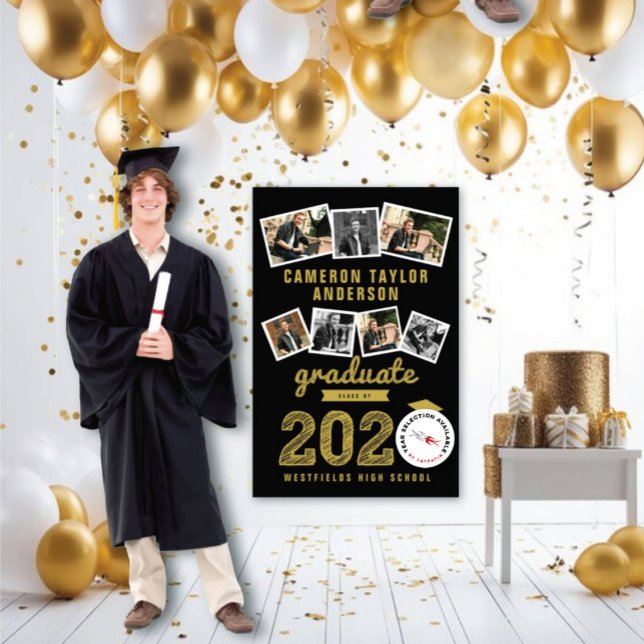2023 Gold Sketch Grad 7 Foto Collage Abschluss Poster (20YY Black And Gold Sketch 7 Photo Modern Graduation Party Poster @ www.zazzle.com/color_therapy)