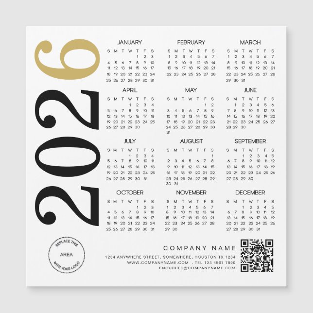 2023 Gold White Calendar Logo QR Code Business Magnetkarte (Vorderseite)